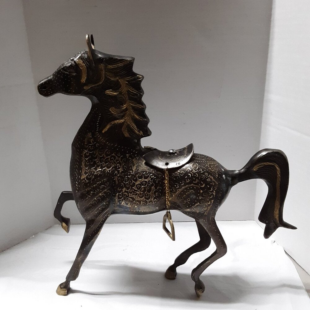 Brass Galloping Horse w/ Gold Filigree Etching 9.5" Statue Figurine Figure